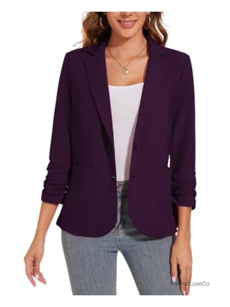 Women's Casual Button Front Blazer Jackets Ruched 3/4 Sleeve Lapel Office Work